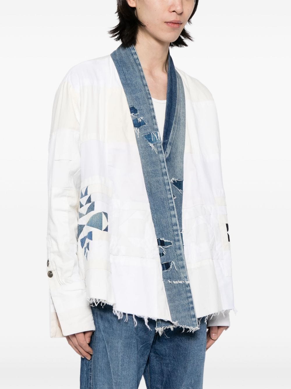 Shop Greg Lauren Open-front Distressed Jacket In Weiss