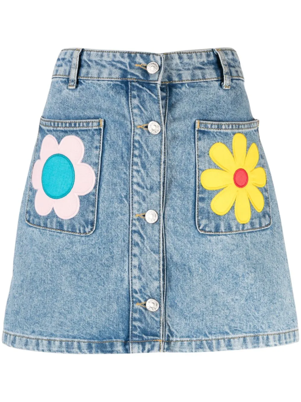 MOSCHINO JEANS FLORAL-PATCHES DENIM MINISKIRT