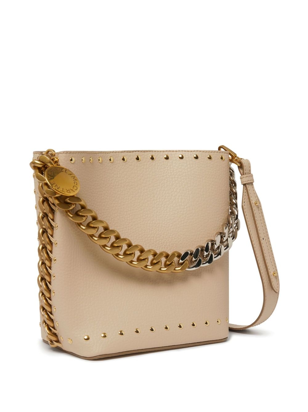 Shop Stella Mccartney Frayme Stud-embellished Bucket Bag In Neutrals
