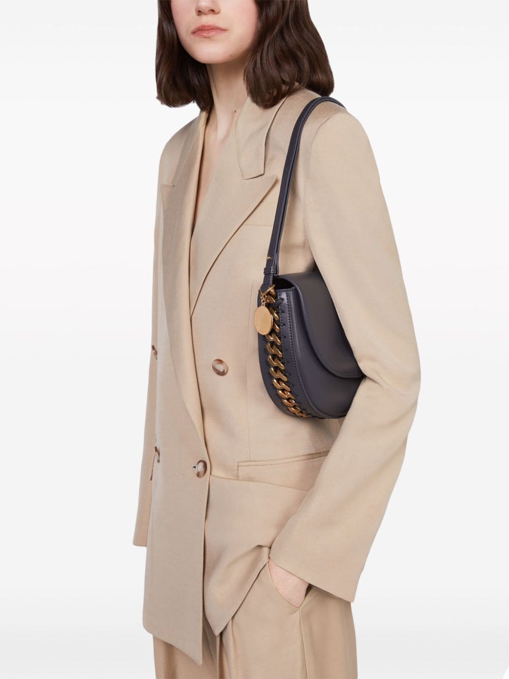 Shop Stella Mccartney Medium Frayme Logo-charm Shoulder Bag In Grey