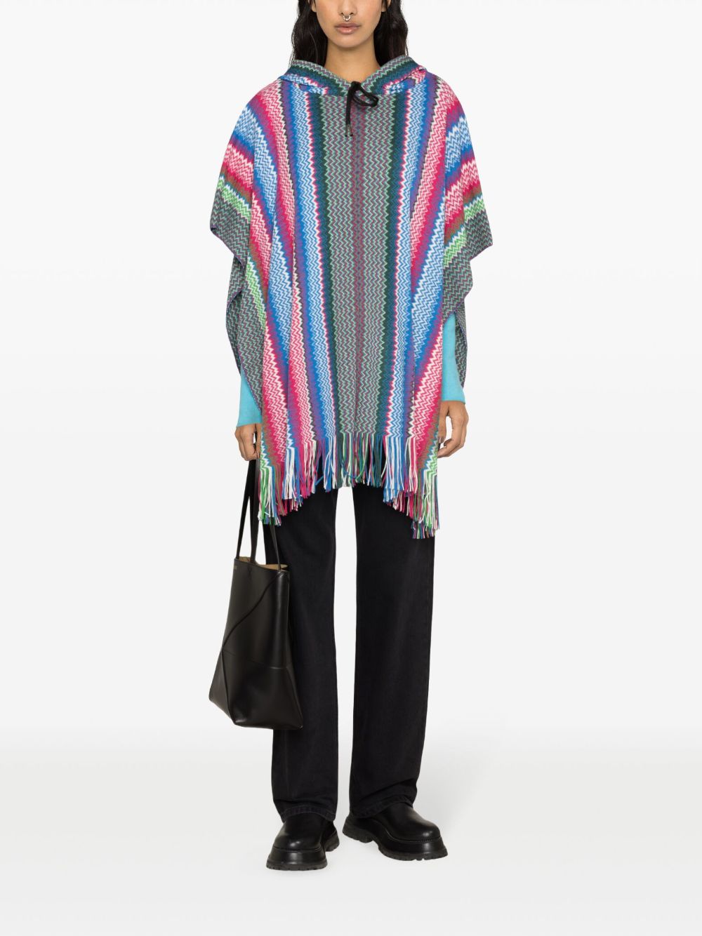 Missoni signature-zigzag hooded poncho - Blauw