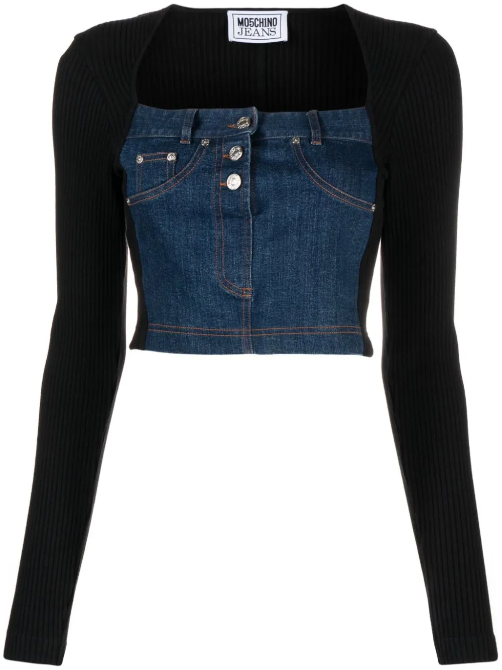 MOSCHINO JEANS PANELLED DENIM KNITTED CROP TOP