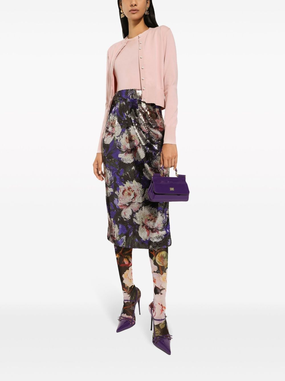 Shop Dolce & Gabbana Sequin-embellished Pencil Midi Skirt In Purple