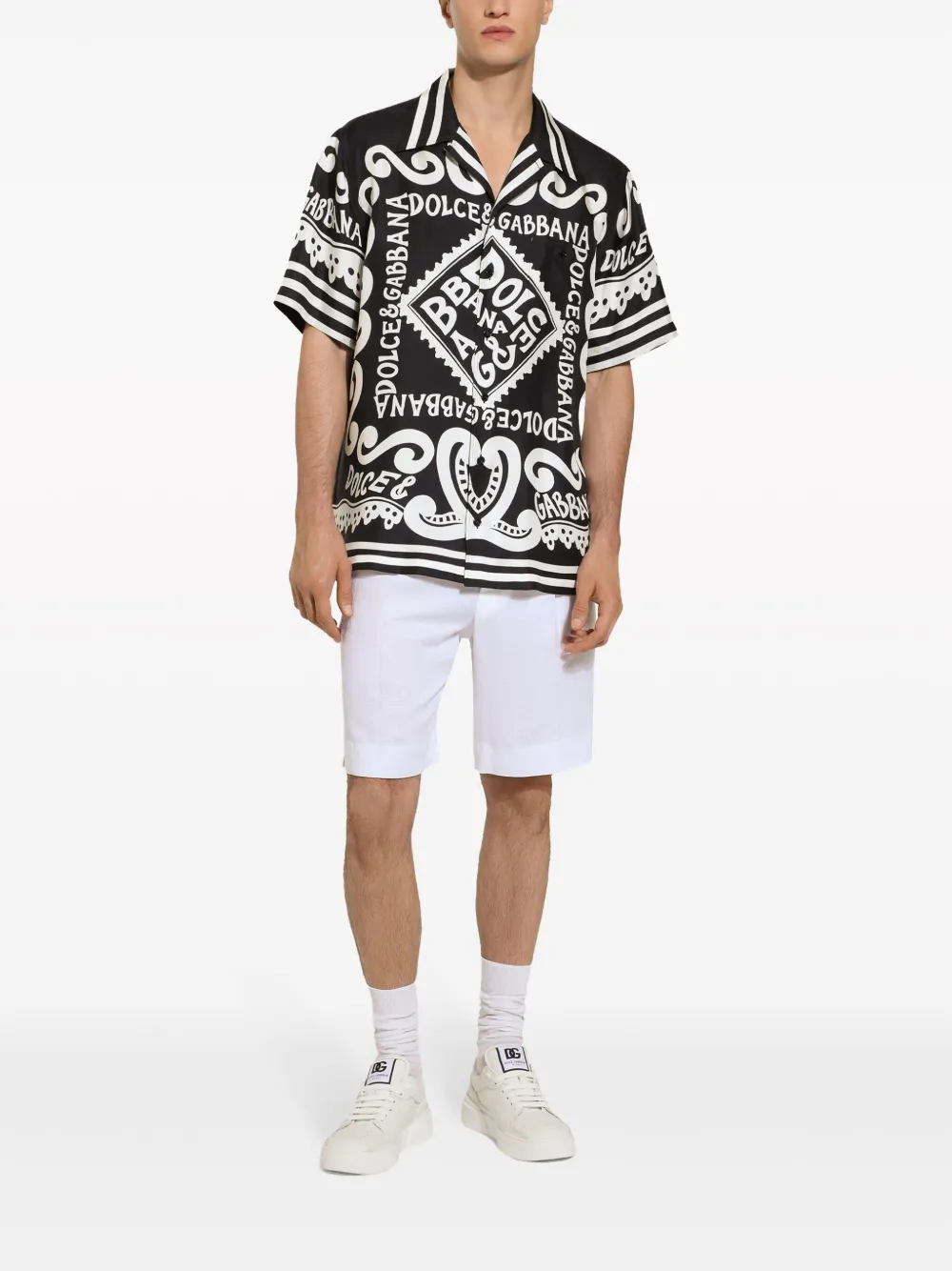 Shop Dolce & Gabbana Printed Short-sleeve Silk Shirt In Black