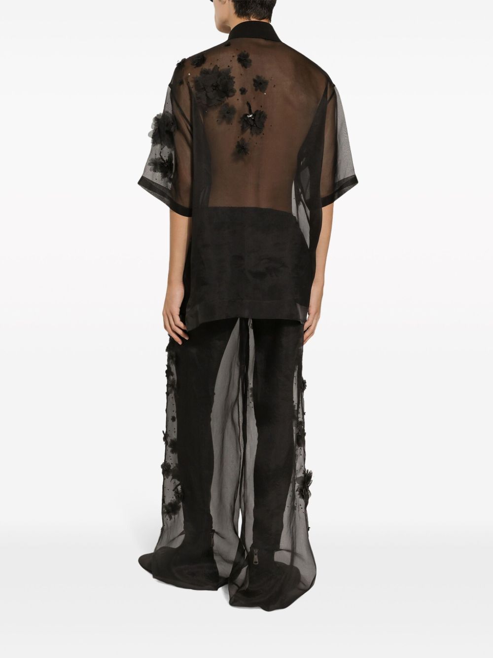 Shop Dolce & Gabbana Floral-appliqué Sheer Polo Shirt In Black