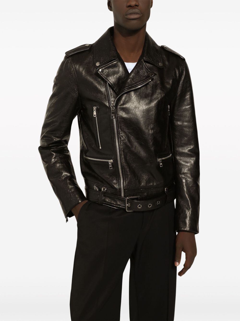 Shop Dolce & Gabbana Grained Leather Biker Jacket In Black