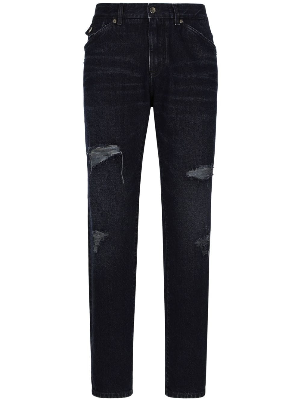 Dolce & Gabbana Logo-appliqué Ripped-detail Straight-leg Jeans In Black