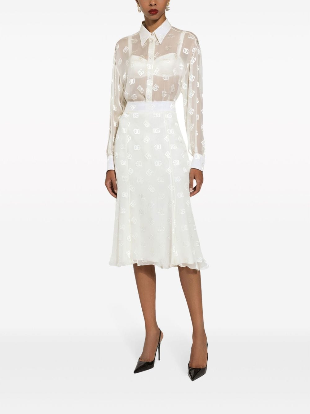 Dolce & Gabbana Semi-doorzichtige blouse met monogram jacquard Wit