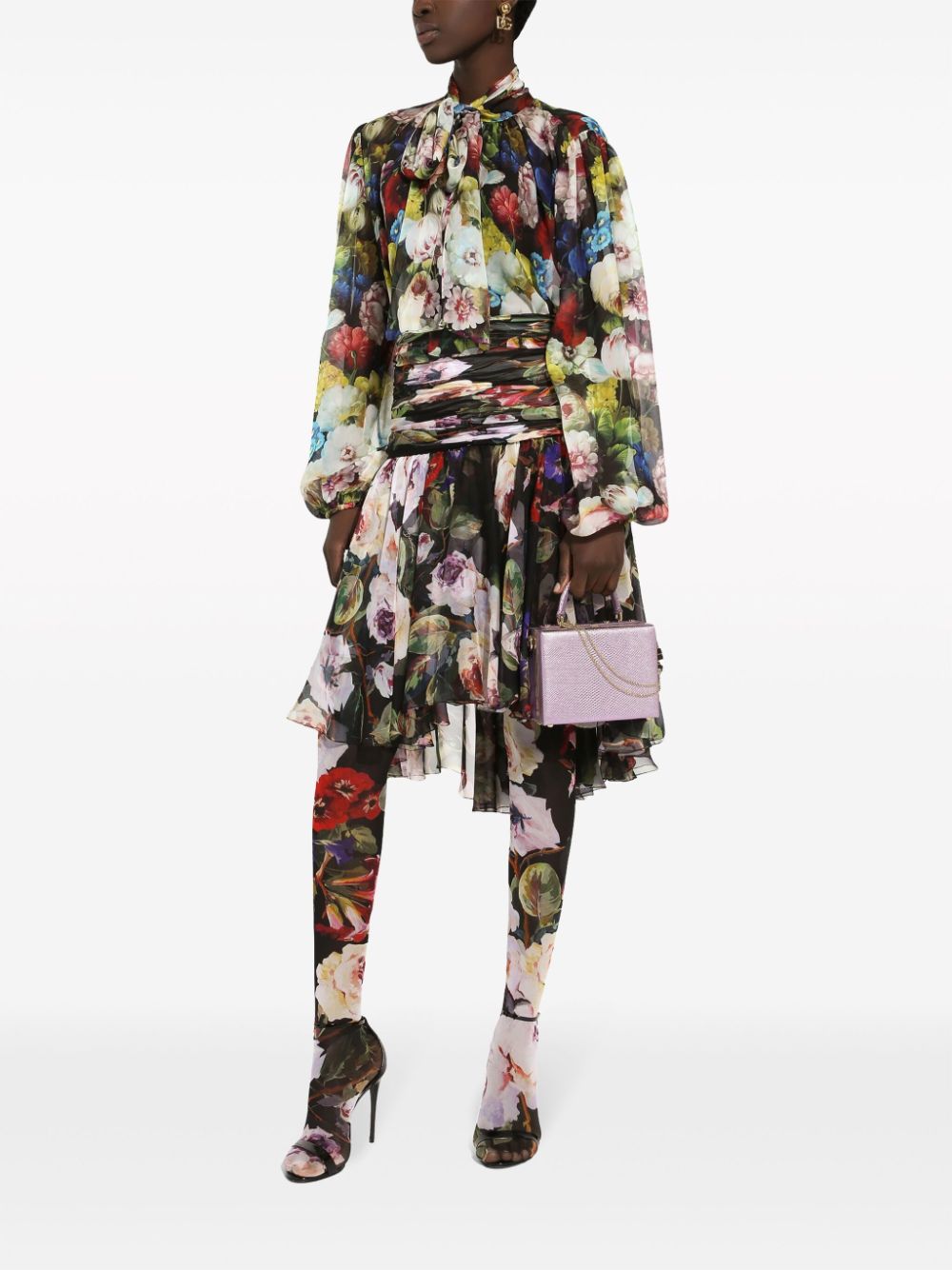 Shop Dolce & Gabbana Floral-print Attached-scarf Silk Blouse In Black