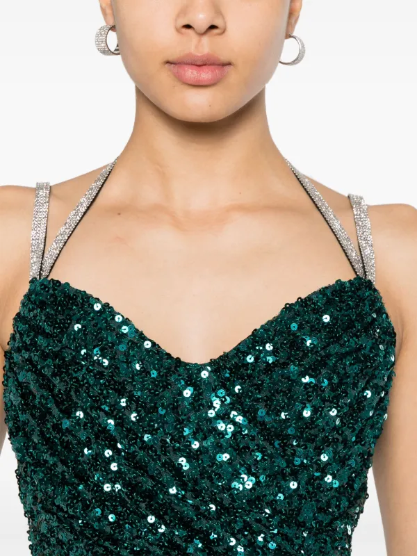 slim fit dress slacks Sage Green Satin Scoop Neck Dress With Sequin Applique And Lace Up Bac main image 0