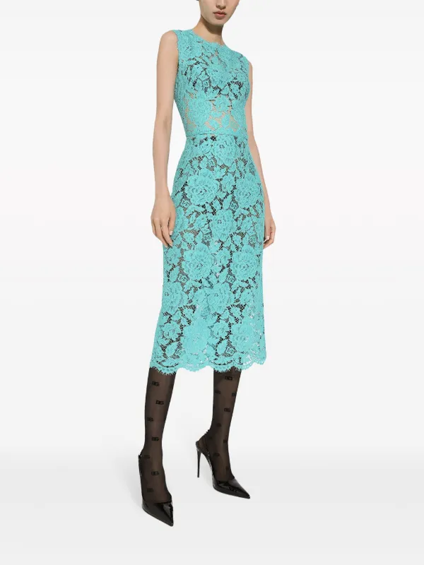 DOLCE & GABBANA★素敵！FLORAL OPEN SHOULDER w LACE DRESS Dolce & Gabbana floral-lace long-sleeve Midi Dress | White