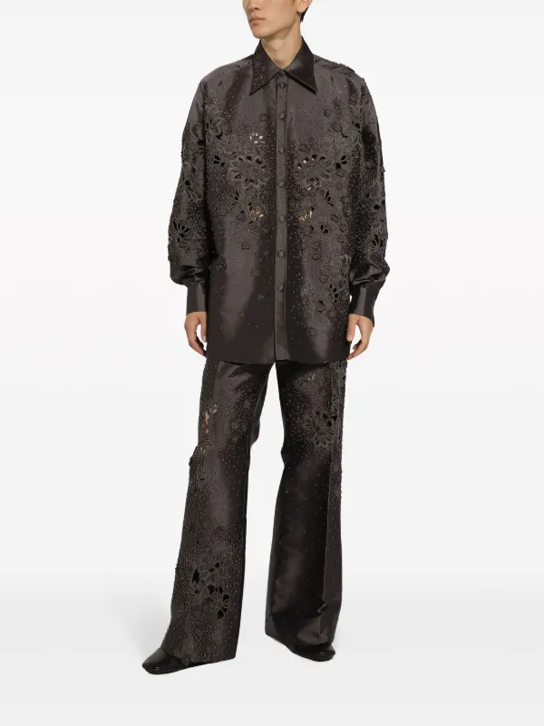 Dolce Gabbana Camisa De Seda Con Bordado Floral Negro