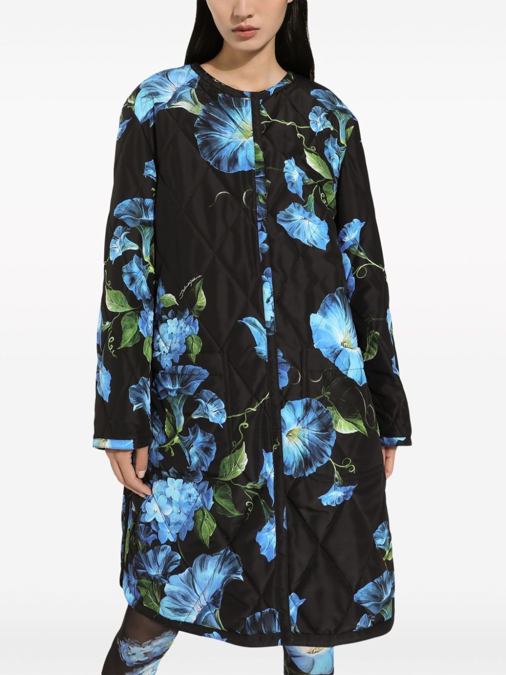 Shop Dolce & Gabbana Floral-print Diamond-quilted Coat In Black