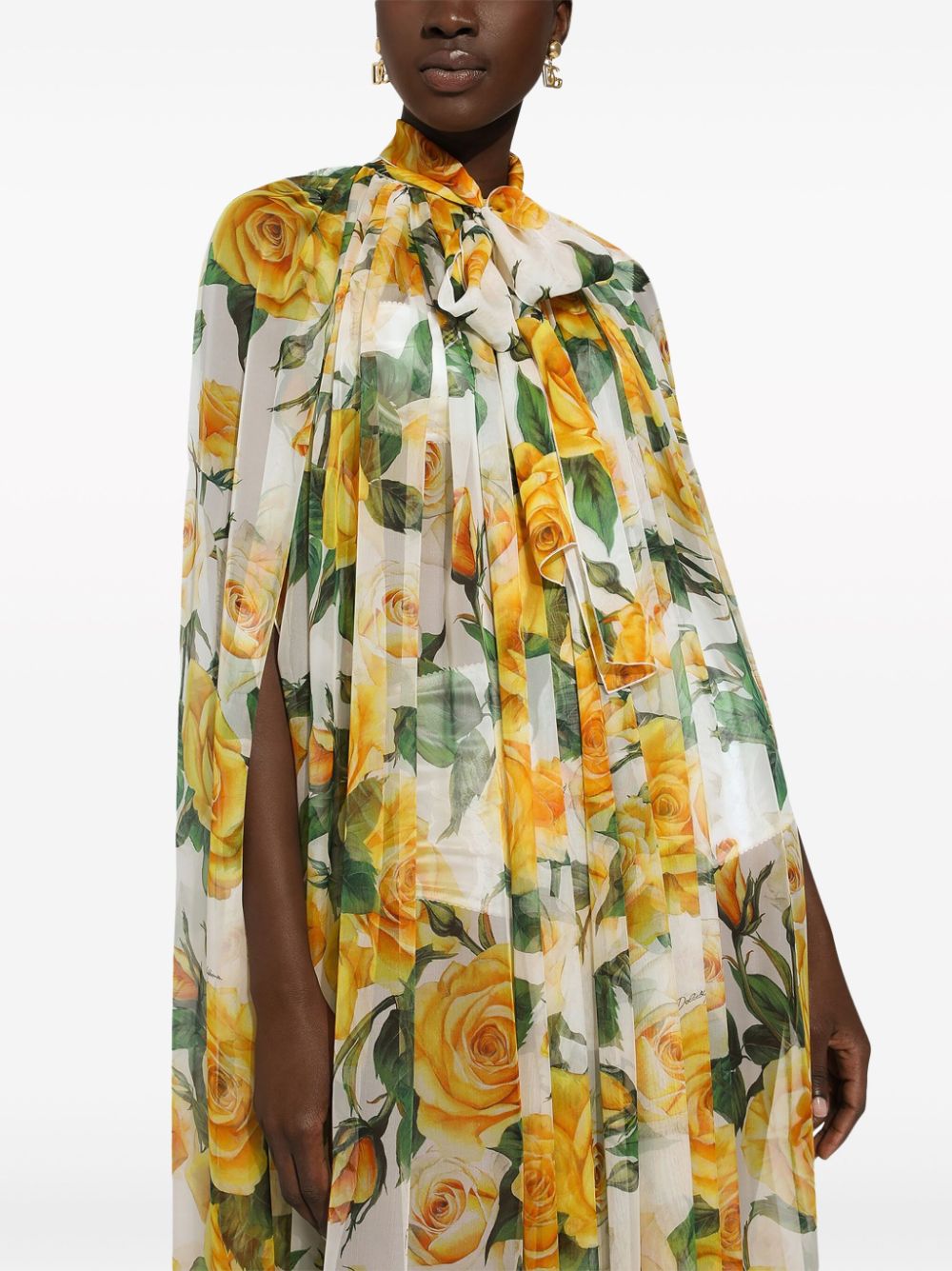 Shop Dolce & Gabbana Rose-print Silk Chiffon Cape In Yellow