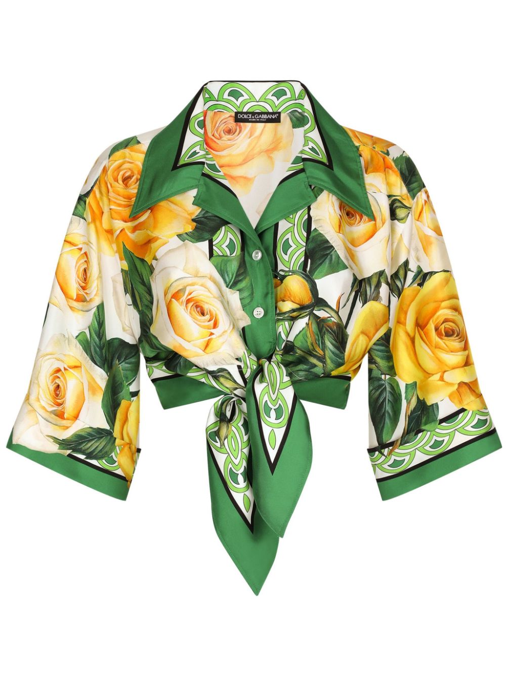 Shop Dolce & Gabbana Rose-print Cropped Silk Shirt In Green