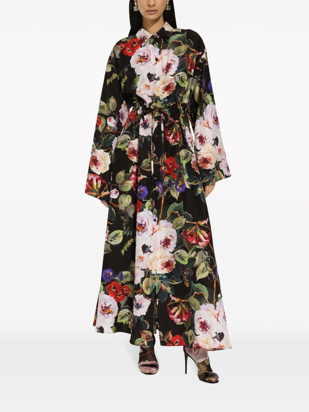 Shop Dolce & Gabbana Rose-print Silk Shirtdress In Schwarz