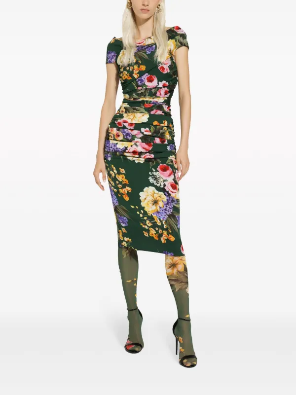 Dolce & Gabbana floral-print Ruched Midi Dress | Green