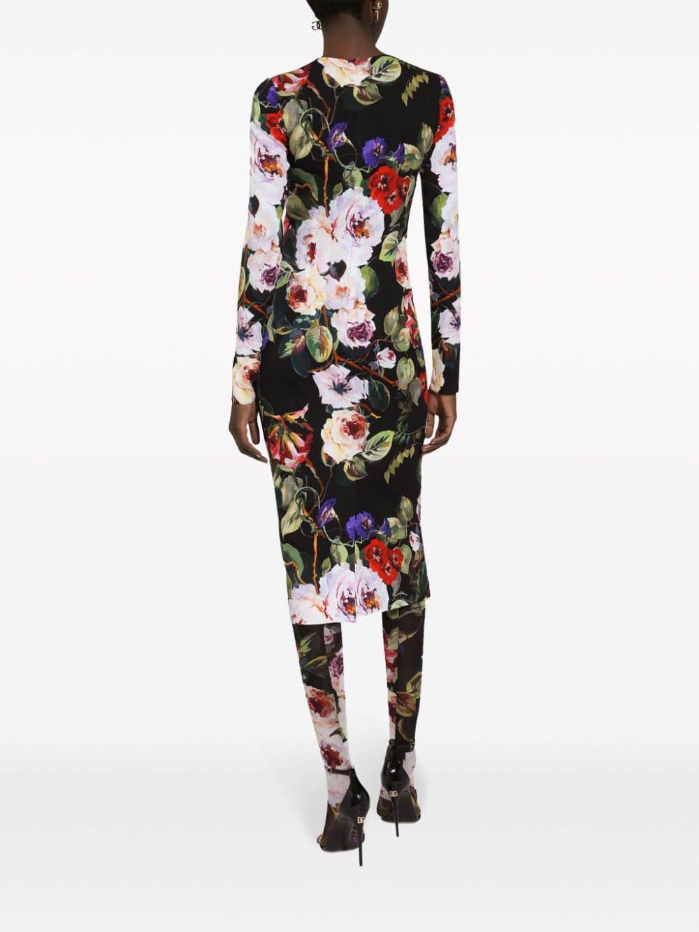 Dolce & Gabbana Midi-jurk met bloemenprint em lange mouwen Zwart