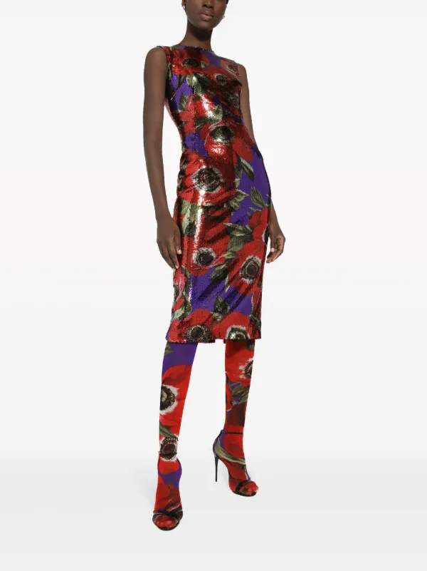 Dolce & Gabbana Anemone-print Sequinned Dress | Red | FARFETCH