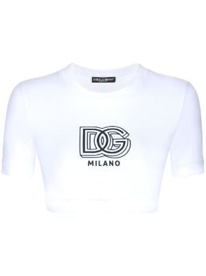Dolce & Gabbana Printed Jersey Crop Top W/ Logo Band In Blue,white