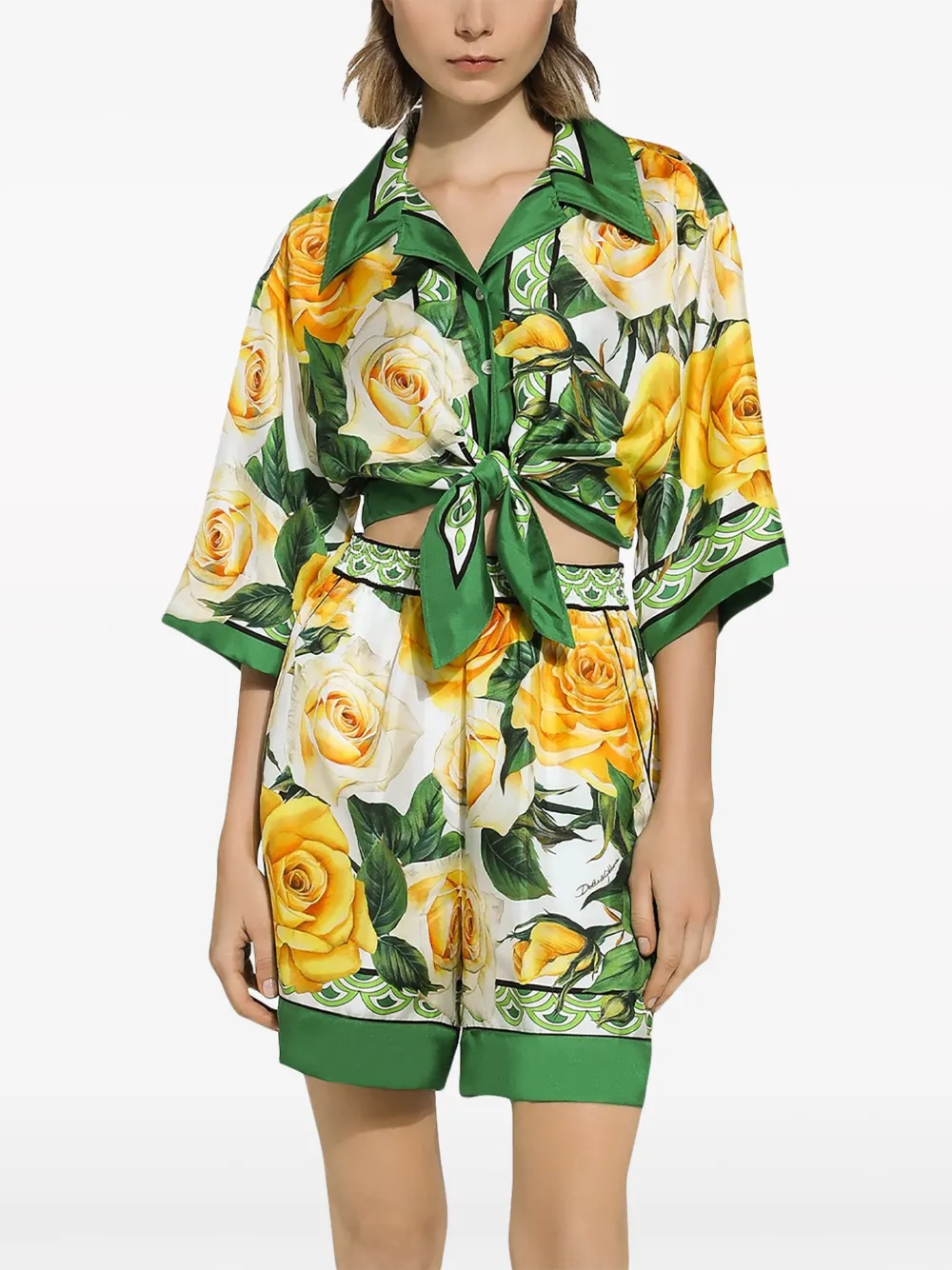 Shop Dolce & Gabbana Rose-print Silk Shorts In Green