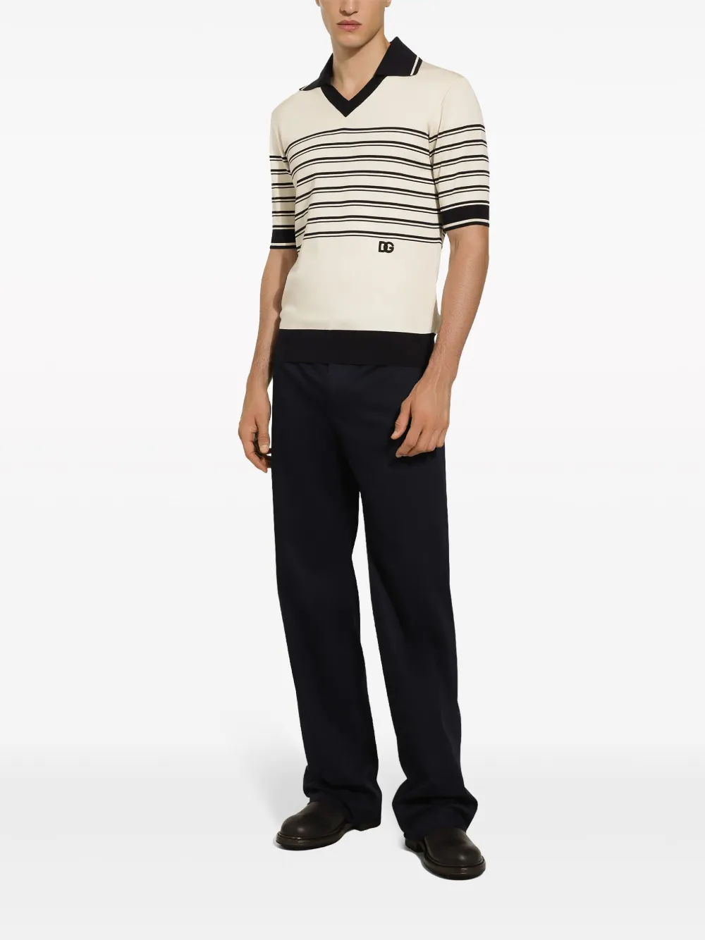 Shop Dolce & Gabbana Striped Logo-embroidered Polo Shirt In Neutrals