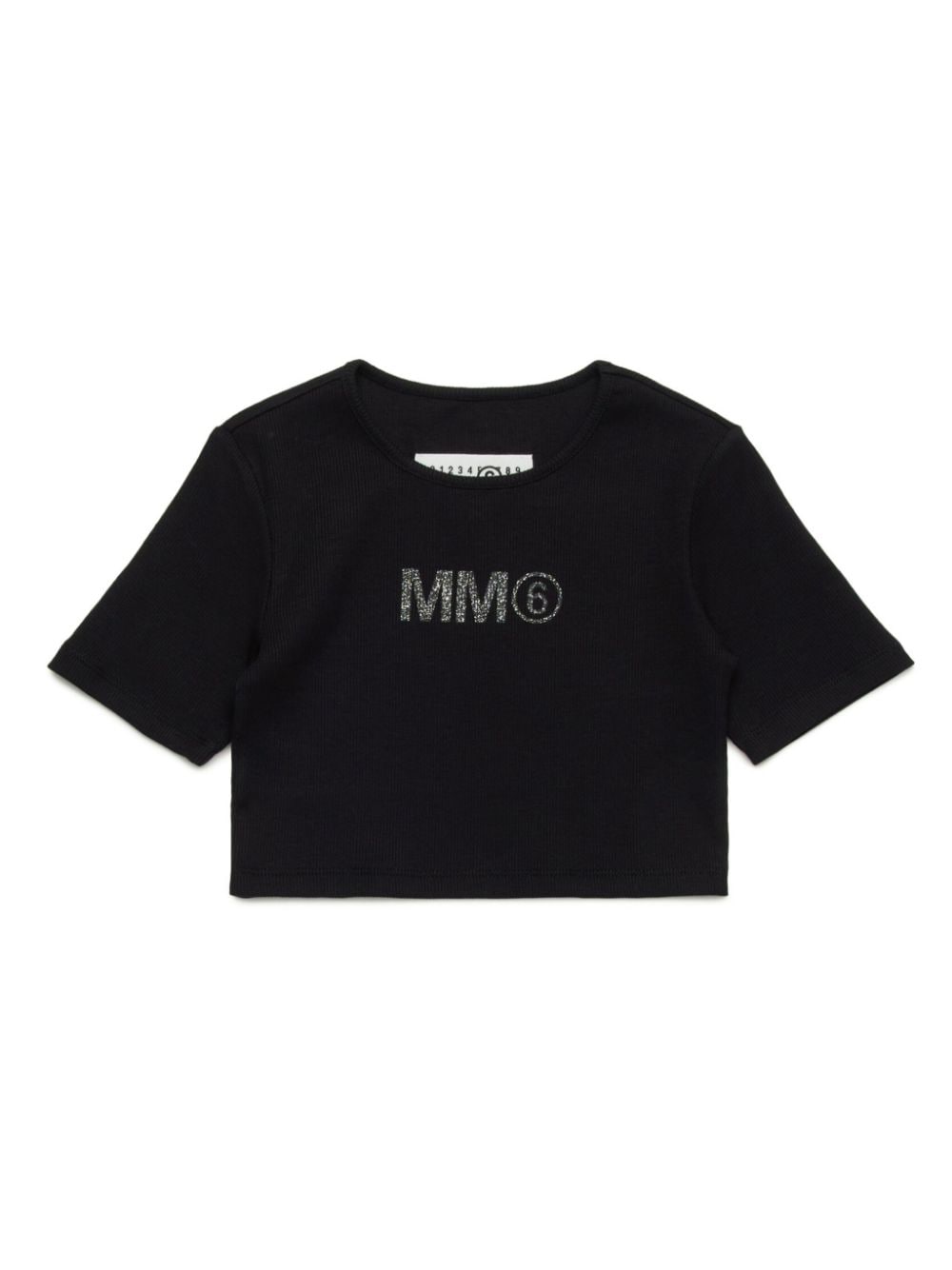 Mm6 Maison Margiela Kids' Glitter Logo-print Cropped T-shirt In Schwarz