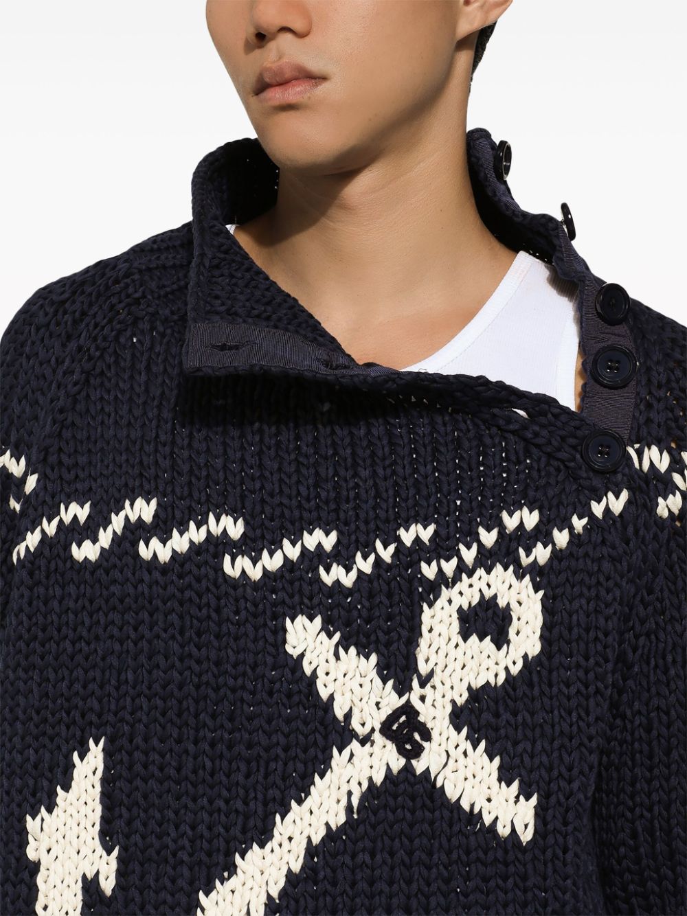 Shop Dolce & Gabbana Patterned Intarsia-knit Cotton-blend Jumper In Blue