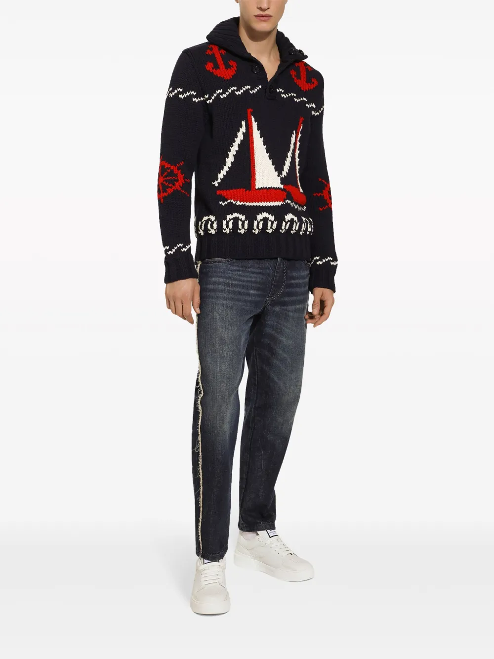 Shop Dolce & Gabbana Patterned Intarsia-knit Cotton Jumper In Black