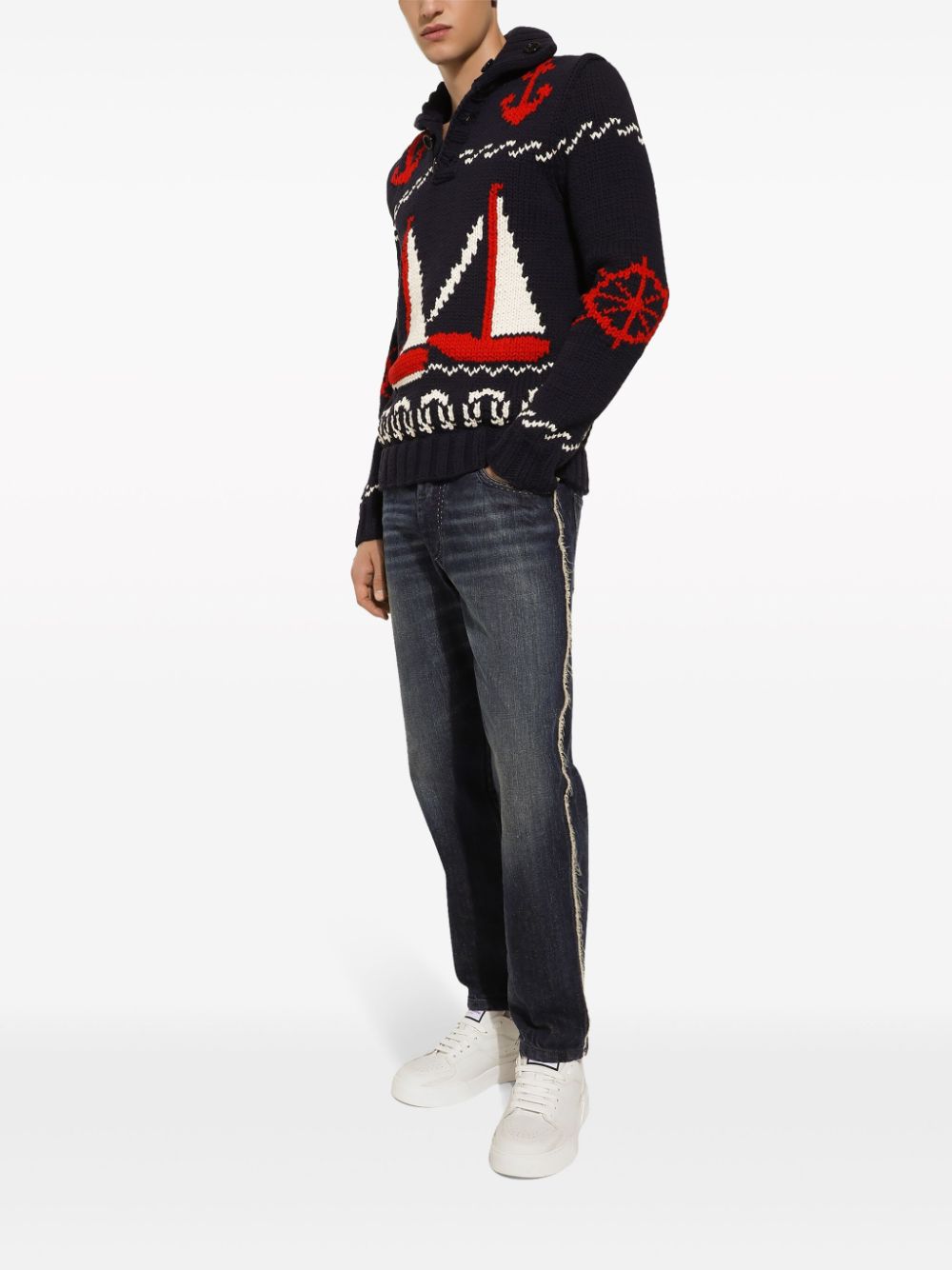 Shop Dolce & Gabbana Patterned Intarsia-knit Cotton Jumper In Black