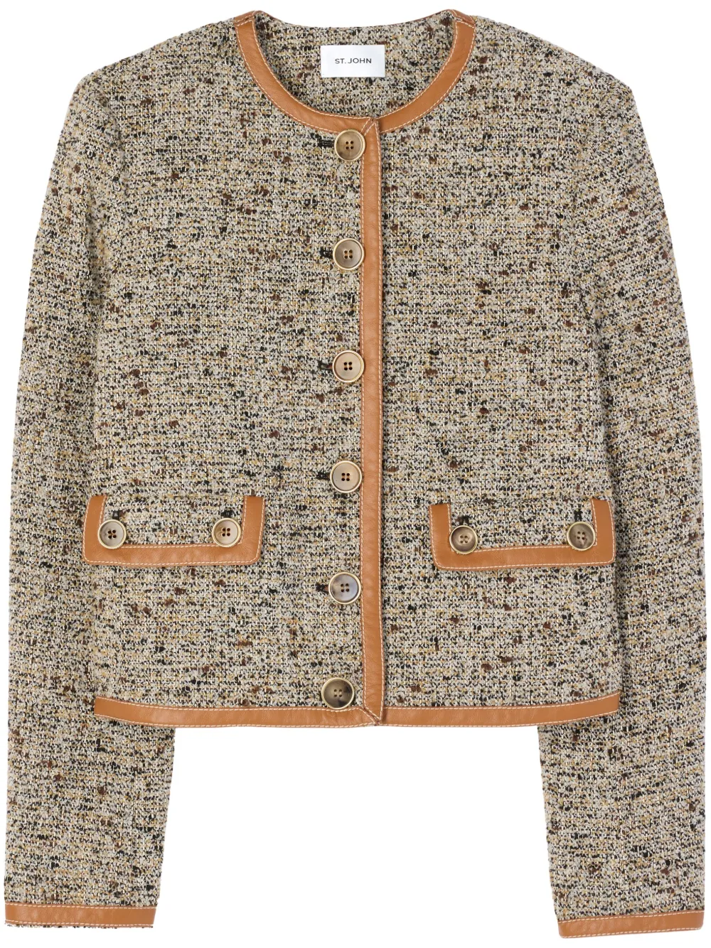 St John Leather Trim Boucle Jacket In Neutrals