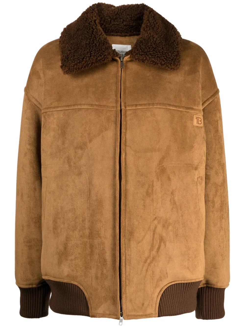 Studio Tomboy Contrast-collar Faux-suede Aviator Jacket In Brown