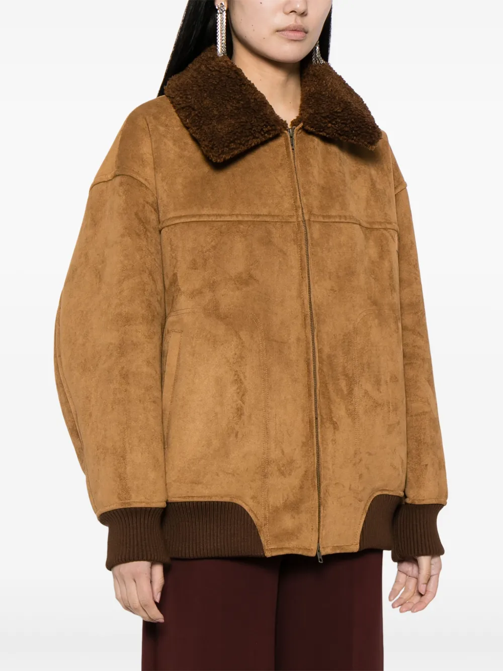 Shop Studio Tomboy Contrast-collar Faux-suede Aviator Jacket In Brown