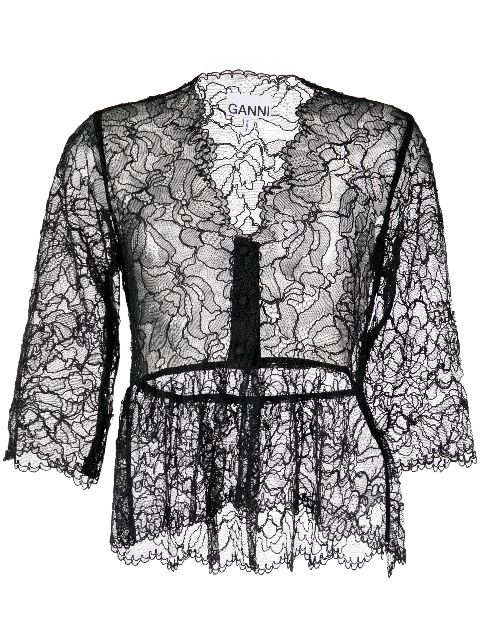 GANNI floral-lace sheer peplum top Women