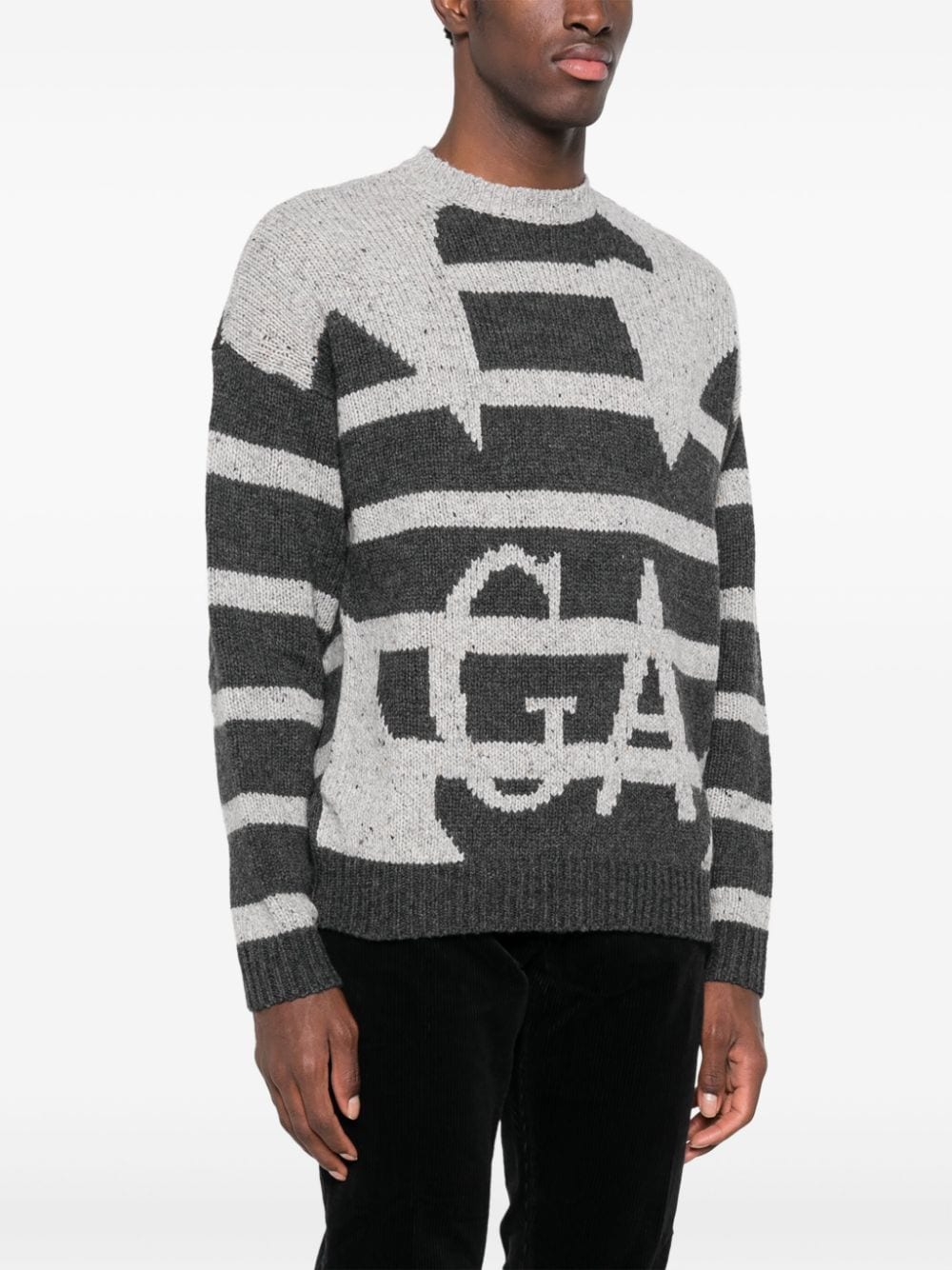 Shop Emporio Armani Logo Intarsia-knit Striped Jumper In Grey