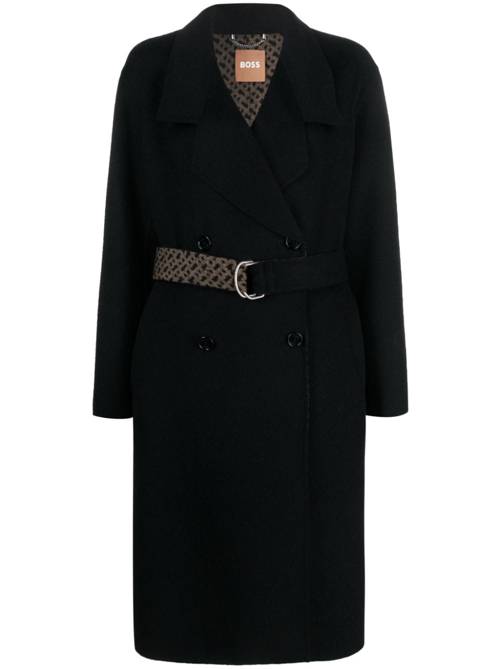 Hugo Boss Monogram-jacquard Belt Wool-blend Coat In Black