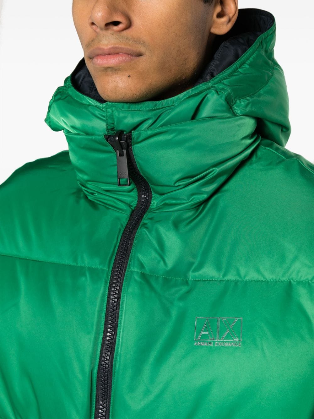 Shop Armani Exchange Logo-appliqué Satin Padded Jacket In 绿色
