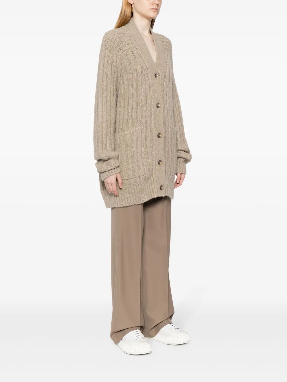 Shop Lauren Manoogian V-neck Ribbed-knit Cardigan In Neutrals