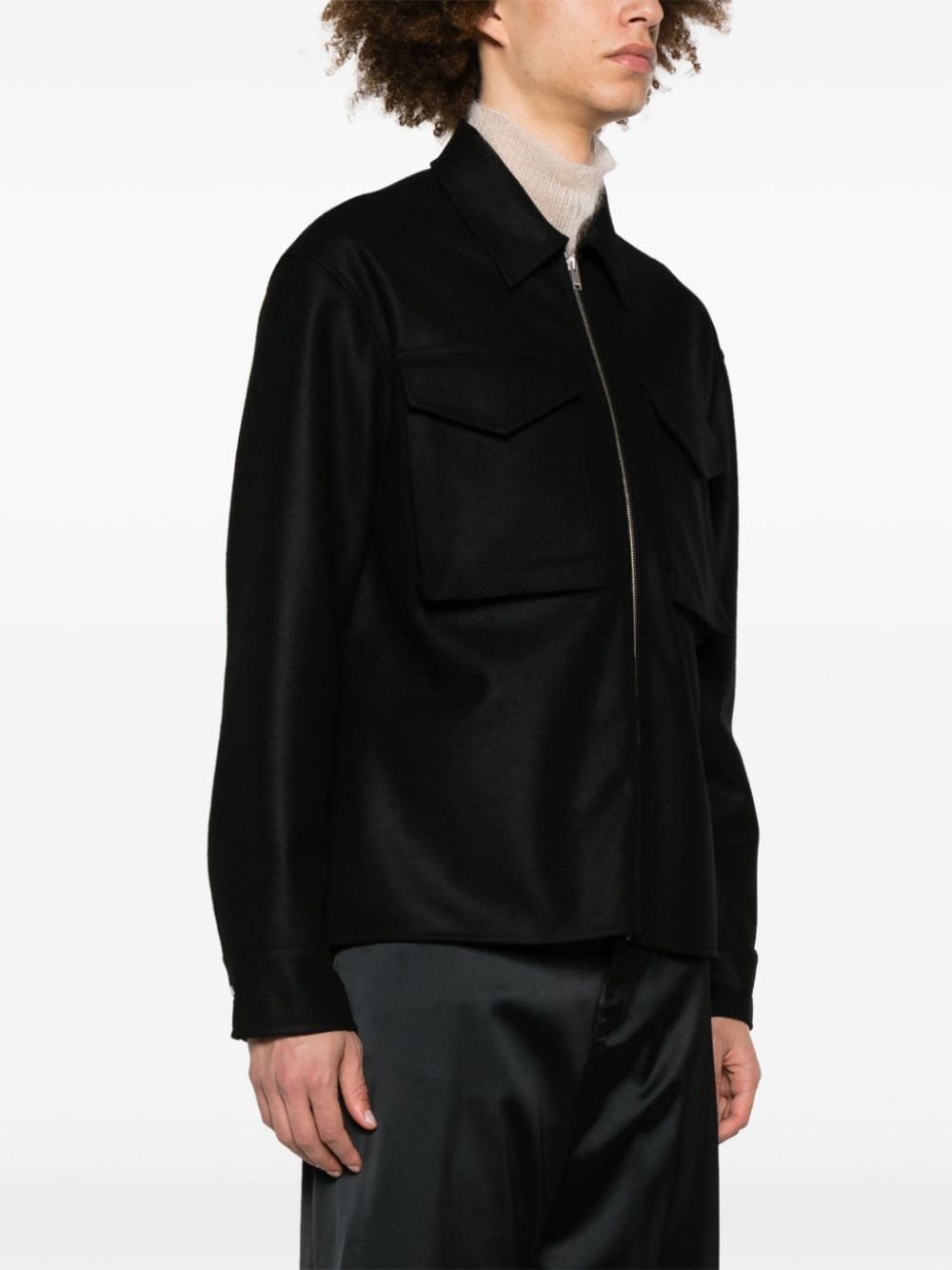 Shop Jil Sander Pointed-collar Zip-up Wool Jacket In Black