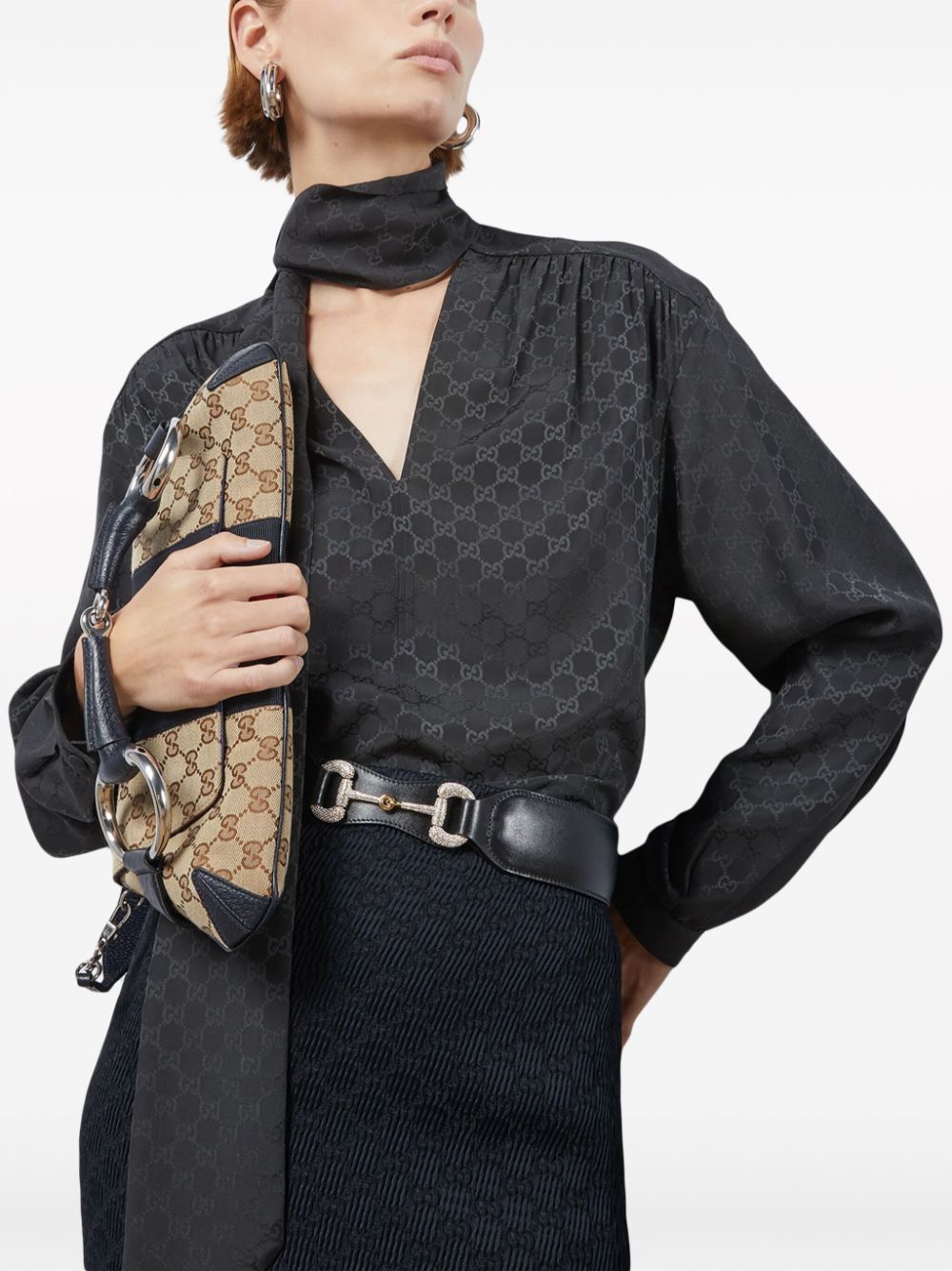 Shop Gucci Gg-jacquard Neck-tie Blouse In Black