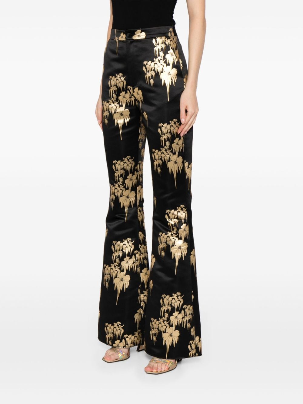 Shop Cynthia Rowley Floral-print Satin Trousers In Black