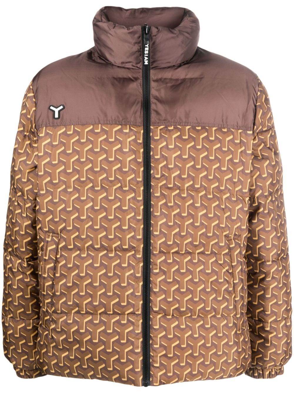 Shop Yes I Am Geometric-print Reversible Padded Jacket In Brown