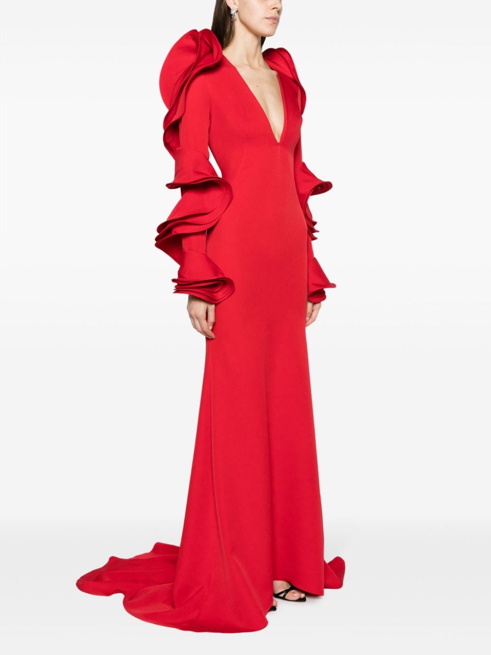 Shop Ana Radu Ruffle-trimmed Plunge Gown In Red