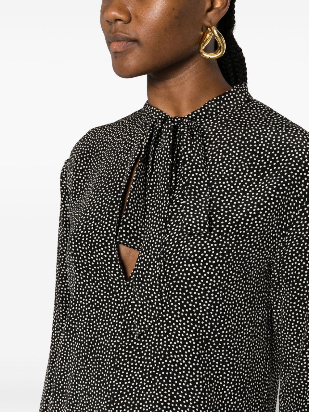 Pre-owned Saint Laurent 2000s Polka Dots Pussy Bow Silk Dress In Black