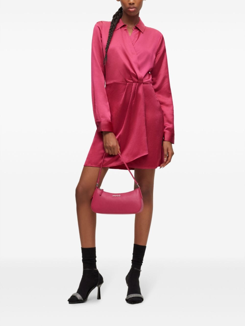 Shop Hugo Classic-collar Satin-finish Dress In Pink