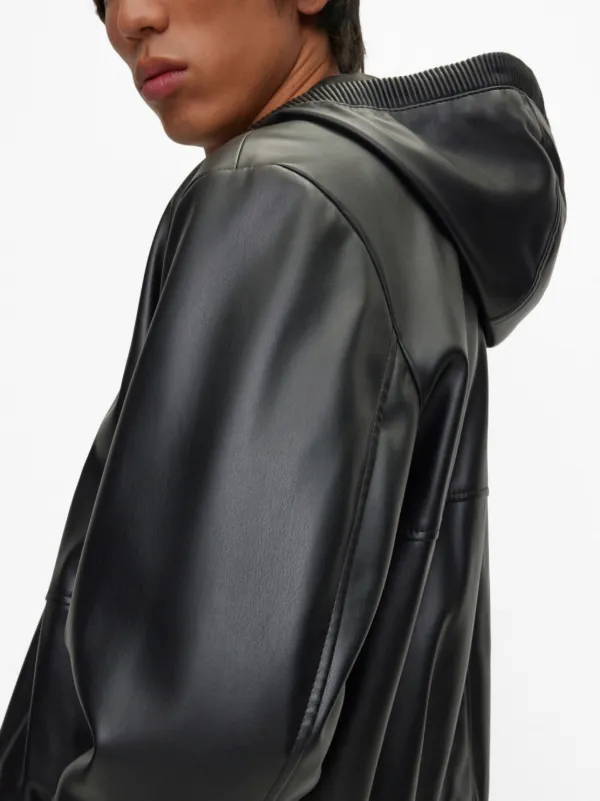 Hooded faux on sale leather bomber jacket