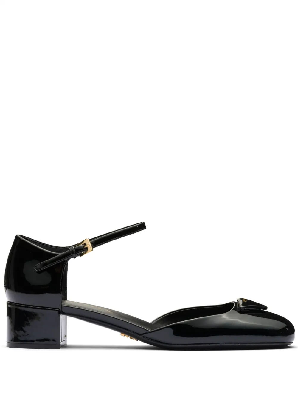 PRADA TRIANGOLO PADDED 35 MID HEEL PUMP ANKLE STRAP PATENT