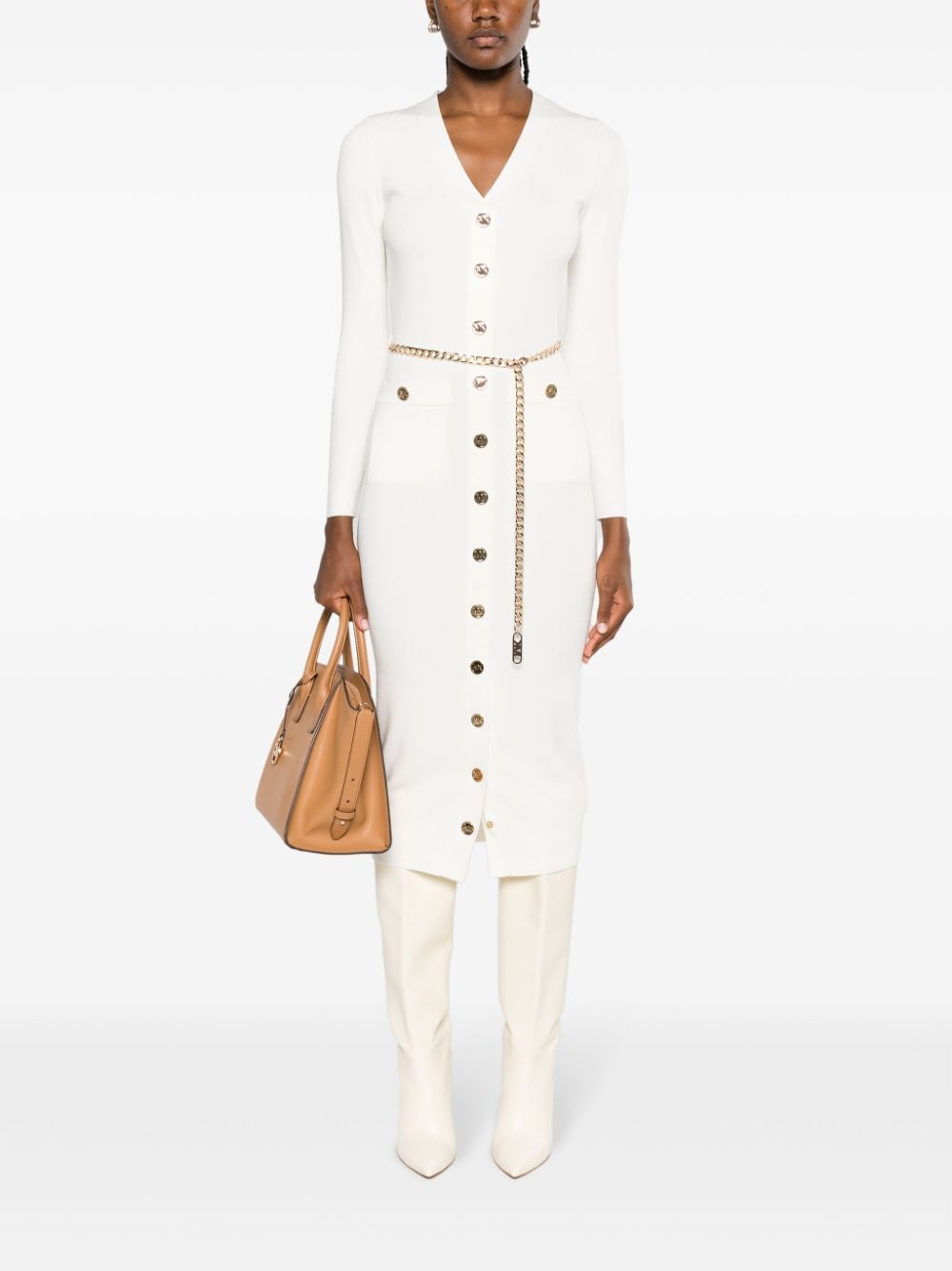Shop Michael Michael Kors Belted Fine-ribbed Midi Dress In White