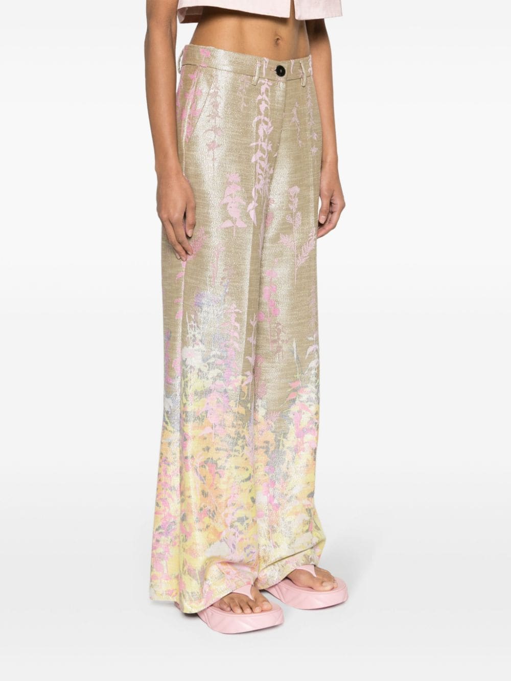 Shop Forte Forte Leaf-print Wide-leg Trousers In Gold