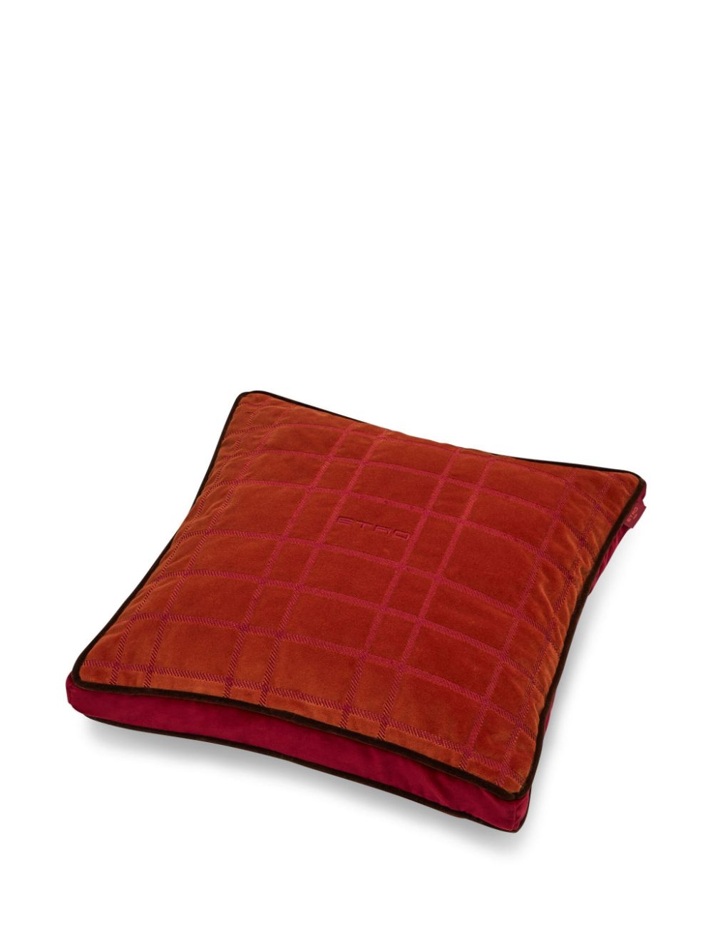 Shop Etro Logo-embroidered Checked Velvet Cushion In Red